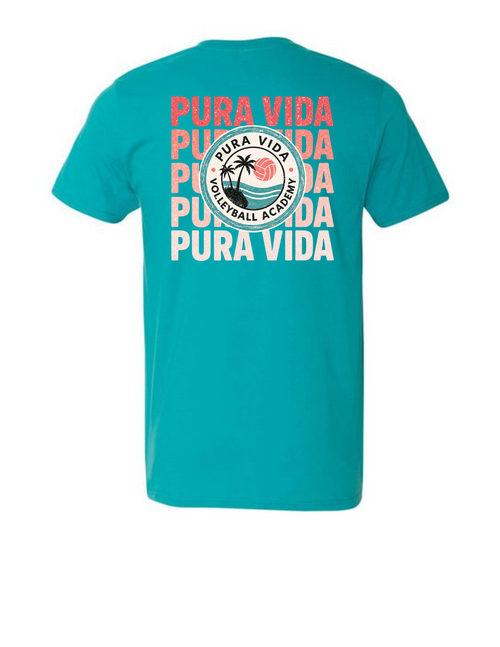 A turquoise short-sleeve t-shirt shown from the back, featuring a large graphic print with the words 'PURA VIDA' repeated in coral, white, and black, along with a circular palm tree and beach graphic.